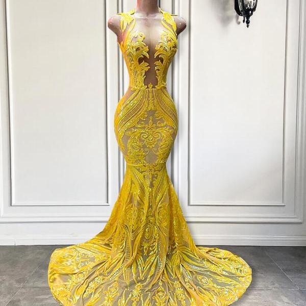 Elegant Fitted Sheer O-neck Mermaid Sparkly Sequin Yellow Long Prom ...