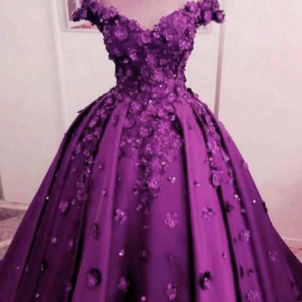 Ball Gown Purple Prom Dresses Hand Made Flowers Evening Dresses on Luulla