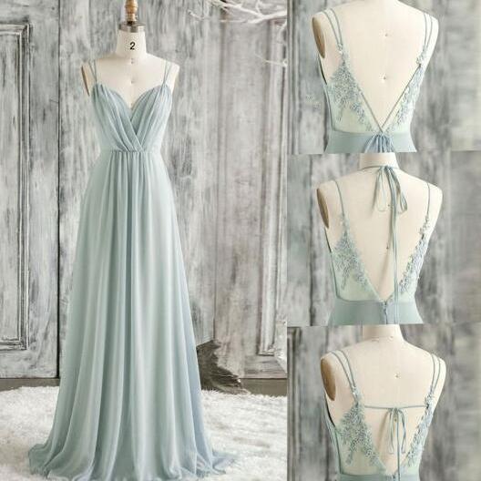 A Line Mint Green Chiffon Backless Bridesmaid Dress on Luulla