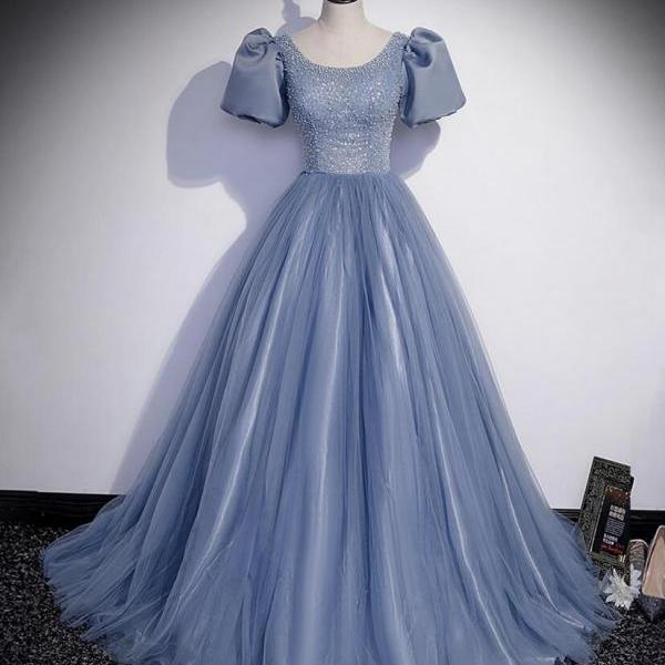 Princess Dusty Blue Tulle Prom Dress With Short Sleeves on Luulla