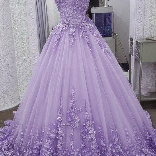 Light Purple Tulle with Flowers Lace Ball Gown Sweet 16 Gown, Long Evening Dresses main image 0