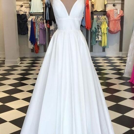 A-Line White Satin Halter Evening Dress Floor-Length Prom Gown main image 0