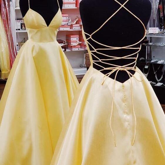 Yellow Satin High-Low Maxi Dress, Ruffled Halter Prom Dress Party Dress main image 1