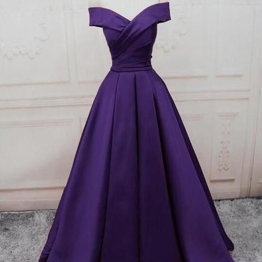 Purple Satin A-Line Off The Shoulder Prom Dress