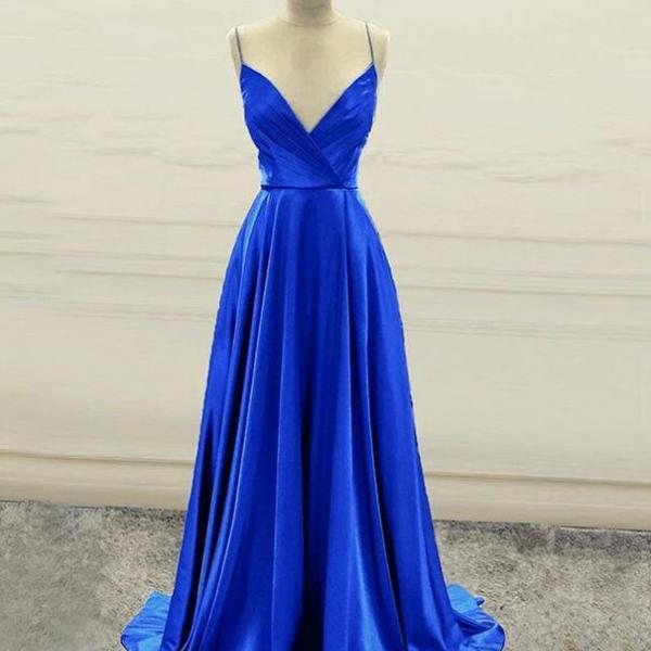 Spaghetti Straps Satin Graduation Dress Ocean Blue