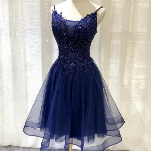 Cute A-Line Strapless Navy Tulle Short Homecoming Dresses with Appliques VK240731145