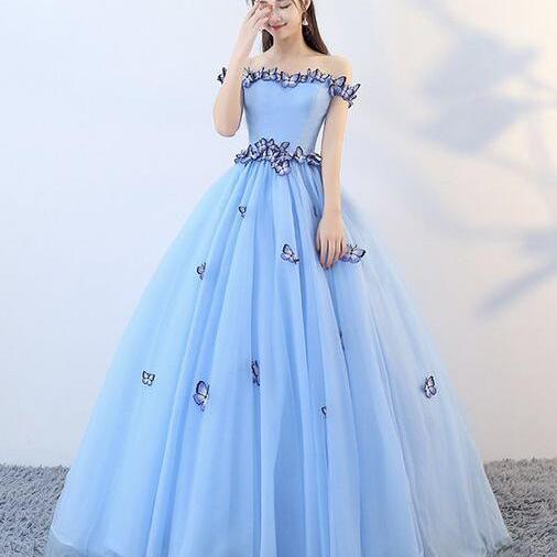 Blue Ball Gown Beading Off The Shoulder Prom Dress