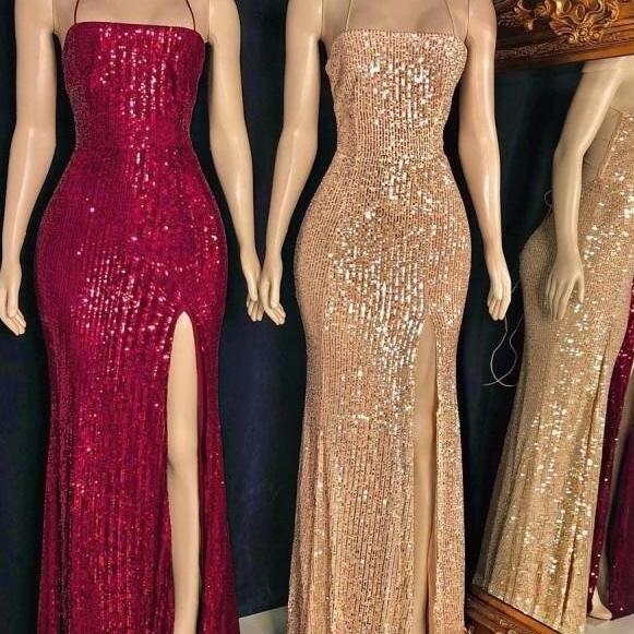 Split Front Spaghetti Straps Mermaid Long Prom Dress with Beads main image 1