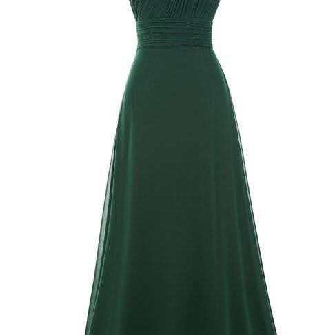 A Line Square Cold Shoulder Pleats Green Chiffon Sleeveless Prom Dress LBQ3292