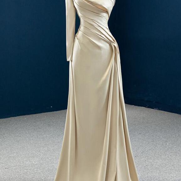 A-Line One-Shoulder Long Satin evening gown Prom Dress Party Dress with Ruffles main image 0