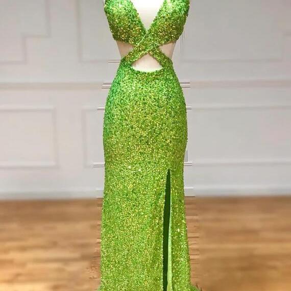 Elegant Sheath Off The Shoulder Sequin Slit Prom Dress Birthday Outfits With Ruffles C3540