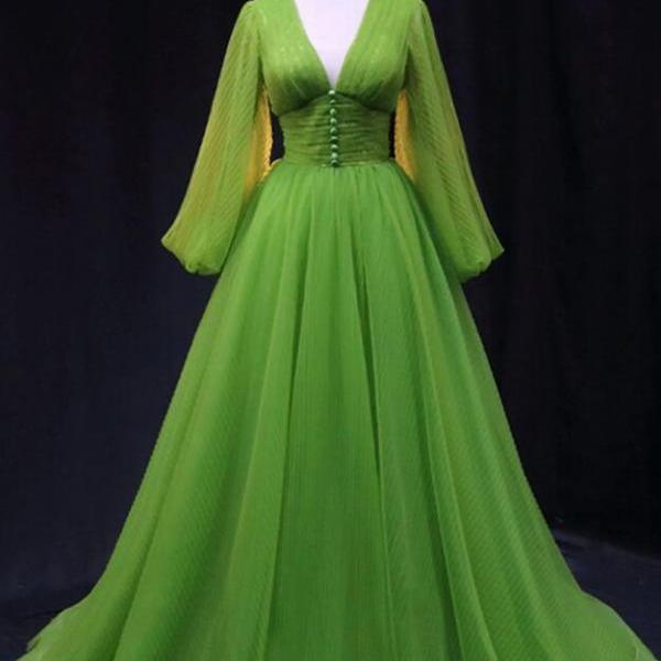 A Line Deep V Neck Tulle Prom Dress with Side Slit, Layered Long Formal Gown UQP0272