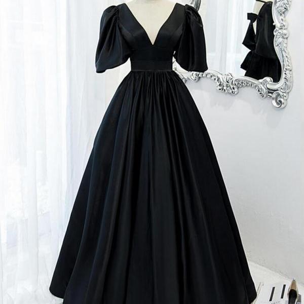 Belt Satin V-neck Long Sleeves Black A-line Evening Dress main image 0