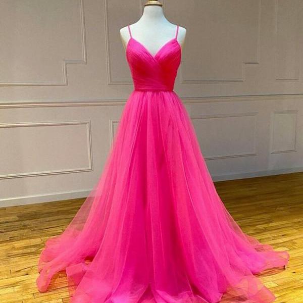 Beautiful A line Straps Sleeveless Pink Tulle Long Prom Dresses Evening Gowns Evening Dress DP1844 main image 0