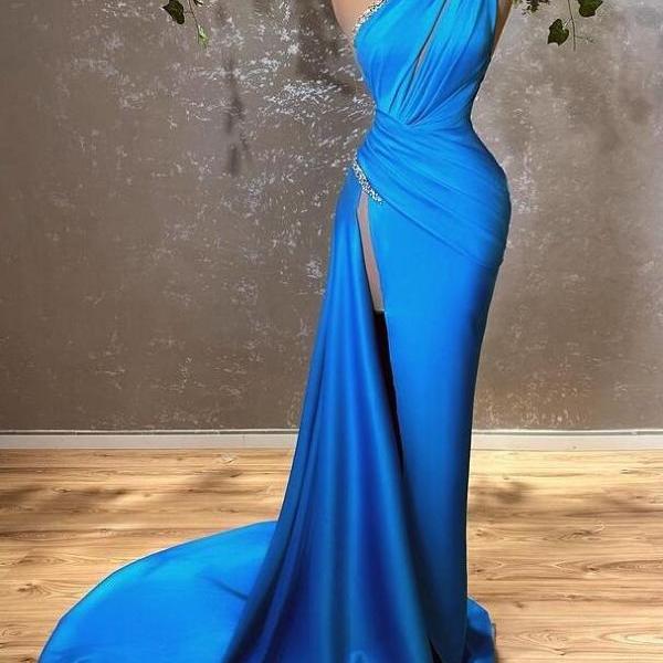 Light Blue Mermaid One-Shoulder Prom Dress With Split main image 1
