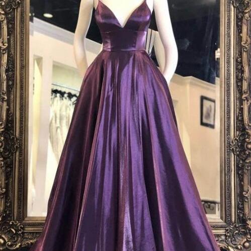 Elegant V NecK Purple Satin Mermaid Long Wedding Guest Dress Party Dress main image 1