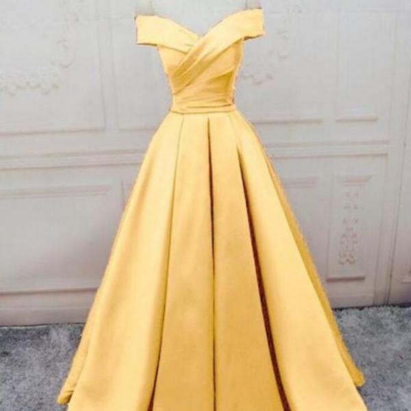 Yellow Off-Shoulder Twist Pleats Satin Fitted Long Party Prom Dress
