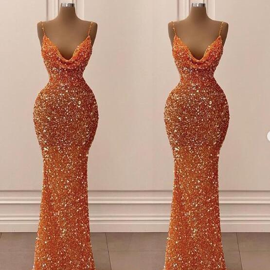 Orange Evening Dress Spaghetti Strap Pearls Beaded Sequin Lace Straight Dresses Y6648 main image 1