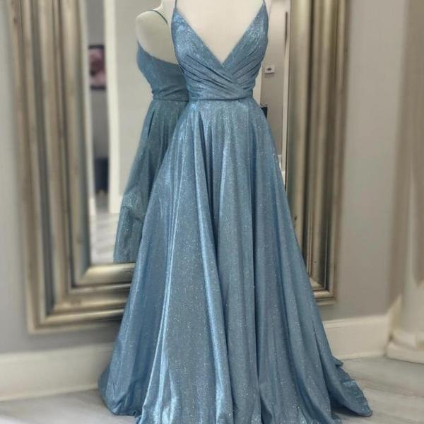 spaghetti strap long simple blue prom dresses 