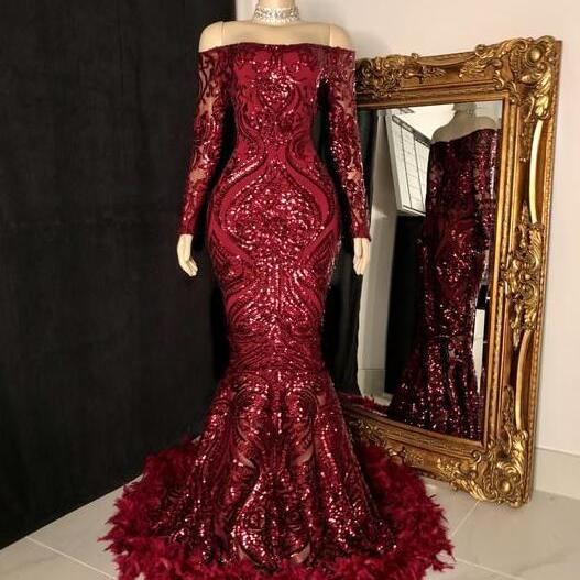 off the shoulder burgundy prom dresses sparkly long sleeves 