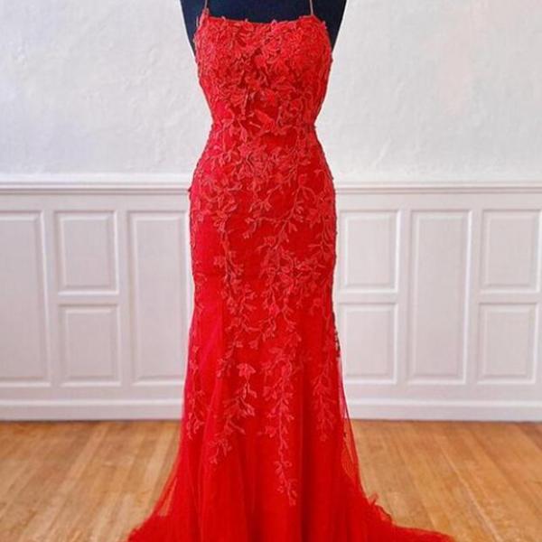 Simple Red Tulle Long Prom Dresses with Lace Appliques 