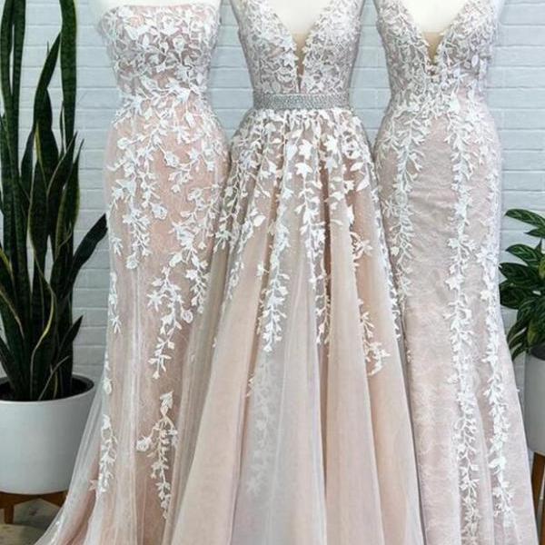 Beautiful A Line Tulle Long Prom Dresses with Lace Appliques 