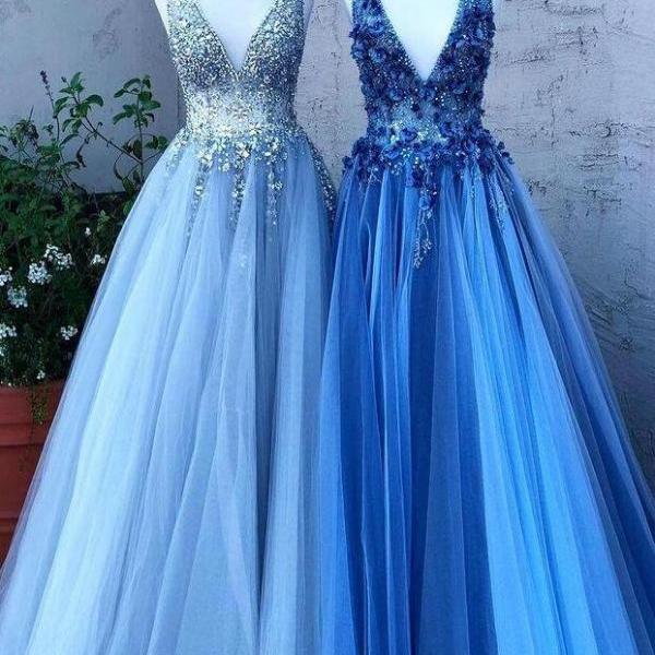 A Line Tulle Long Prom Dresses with Beading
