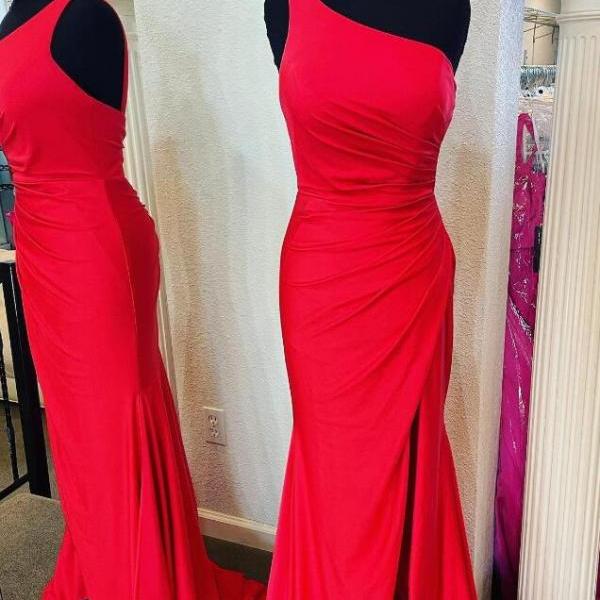 One Shoulder Red Long Prom Dress with Slit