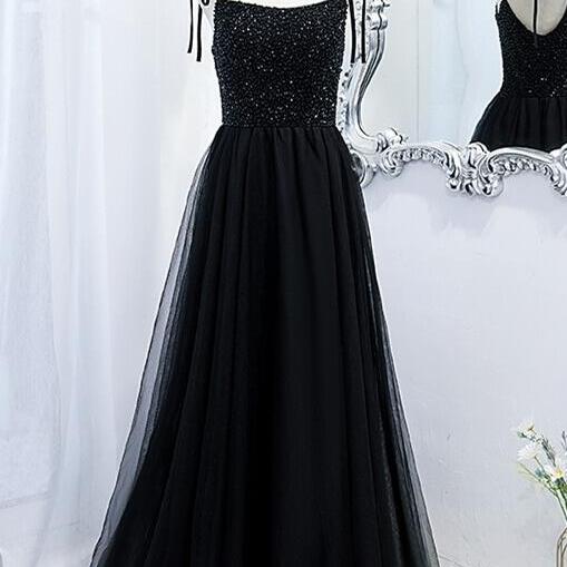 A-line Beaded Black Tulle Long Formal Dress