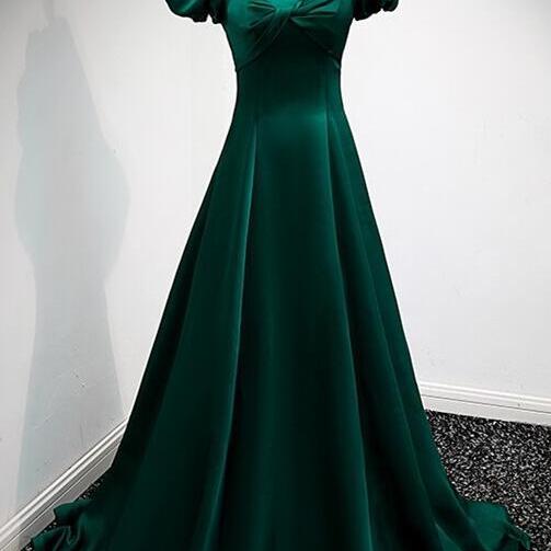 A-line Long Green Formal Dress with Puffy Sleeves