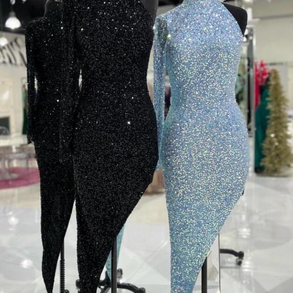 Sexy High Neck Tight Sequins Long Prom Dress with Slit
