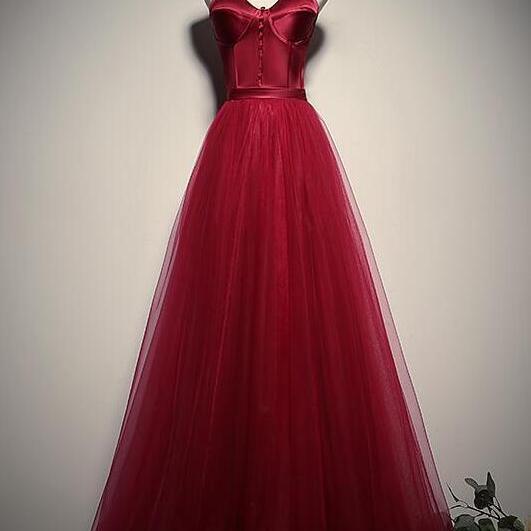 A Line Sweetheart Burgundy Beaded Prom Dresses With Lace Applique on Luulla