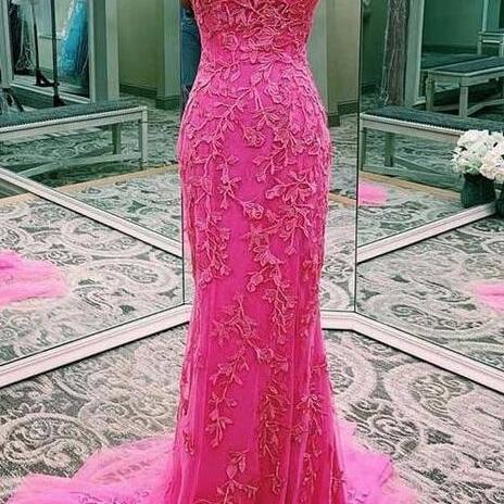 Pink Mermaid Lace Prom Dress Evening Dress Birthday Dress fg8421