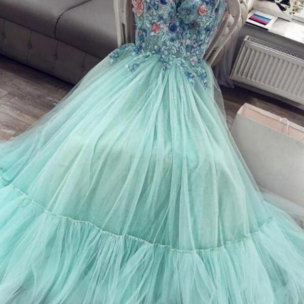 Women's Lace Applique Tulle Long Straps Cross Back Long Party Dress, Green Junior Prom Dress Y611 main image 0