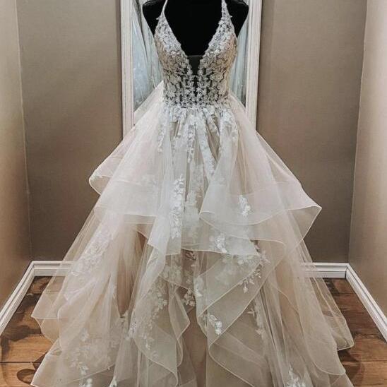 Light Khaki Floral Printed A-Line V-neck Long Prom Dress