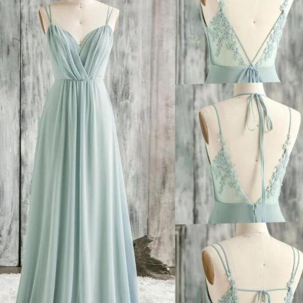 Long Chiffon Dresses with V Neckline Green