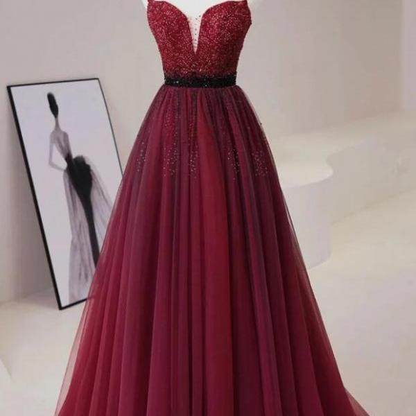 A Line V Neck Burgundy Tulle Long Prom Dress With Beaded 