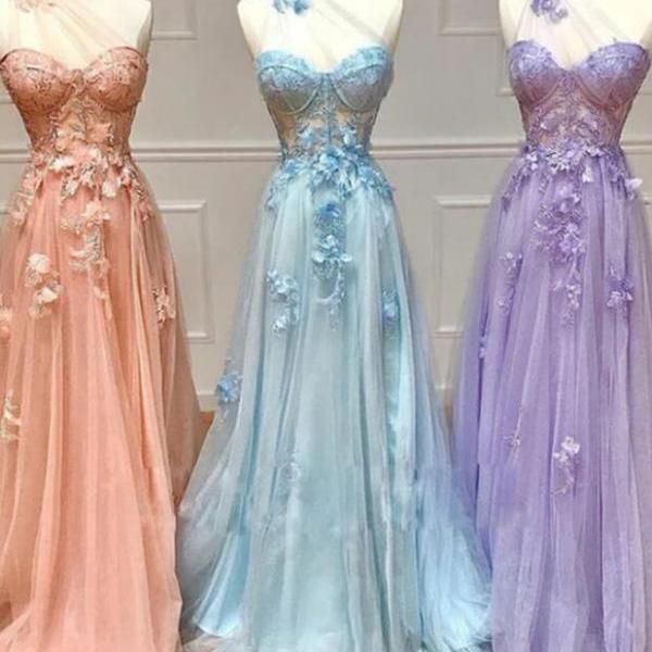 One Shoulder Pink/Blue/Purple Floral Long Prom Dresses