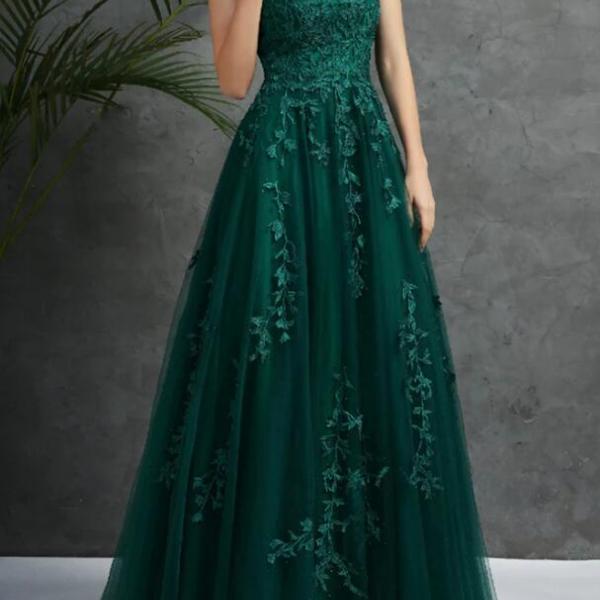 Open Back Dark Green Tulle Lace Long Prom Dresses