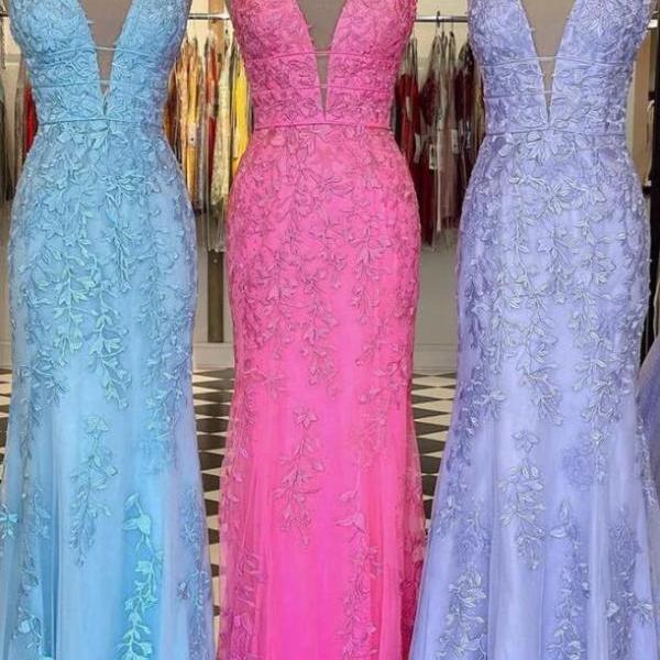 Mermaid V Neck Open Back Blue/Pink/Lavender Lace Prom Dresses