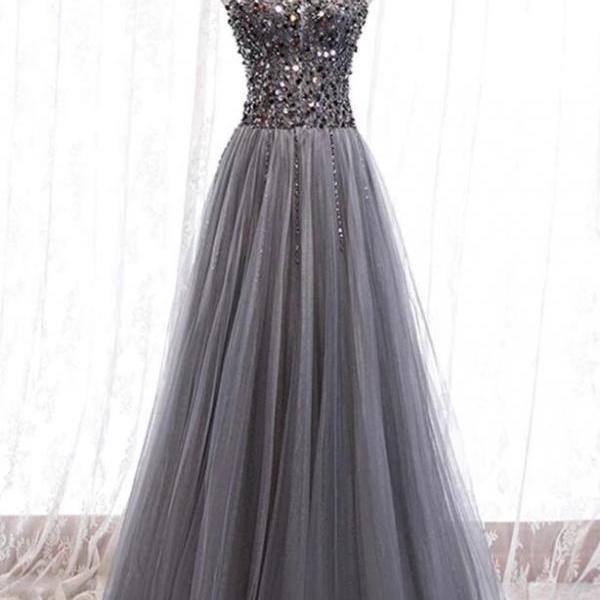 Sweetheart Neck Grey Sequins Tulle Long Prom Dresses