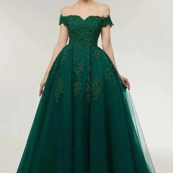 Off the Shoulder Dark Green Lace Long Prom Dresses