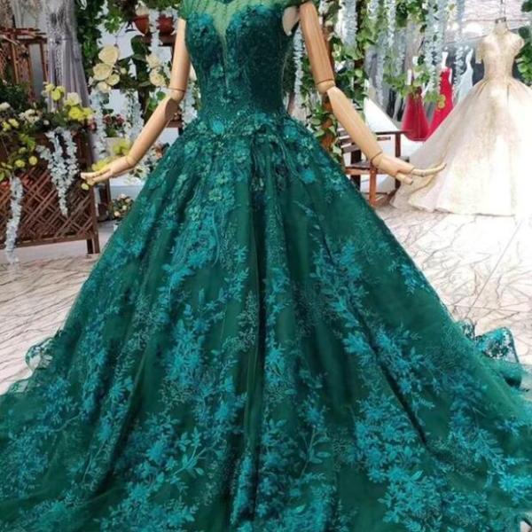 Round Neck Open Back Green Lace Prom Dresses