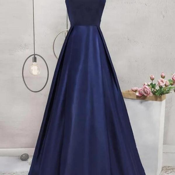 Simple Ball Gown Royal Blue Satin Long Prom Dresses main image 1