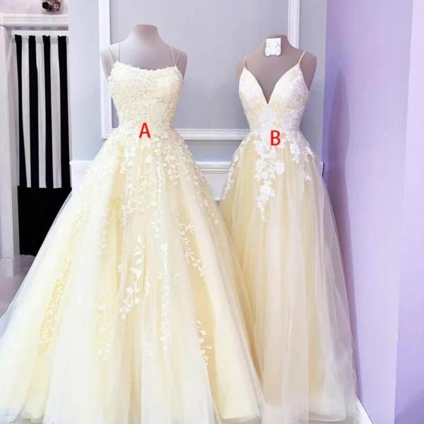Straps Yellow lace tulle long prom dresses