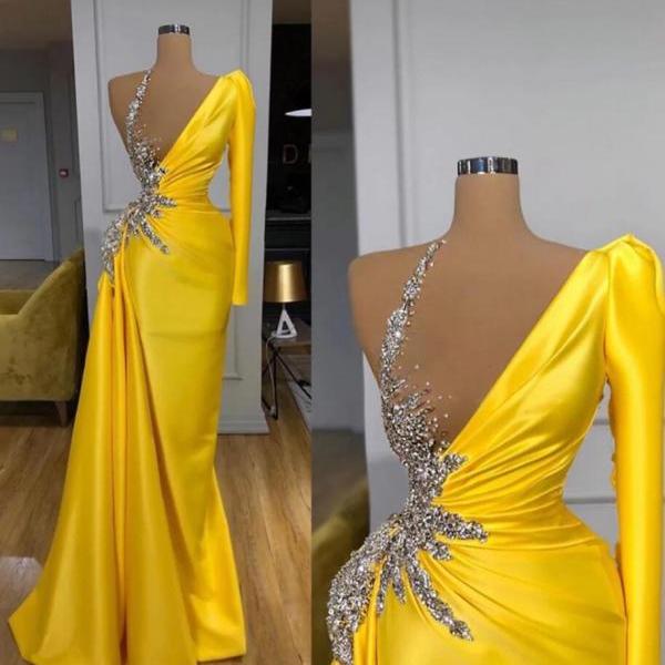 Elegant one shoulder yellow beaded sparkly satin prom dresses 