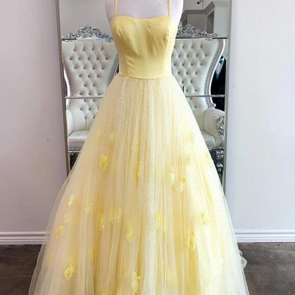 A line Yellow tulle long prom dresses