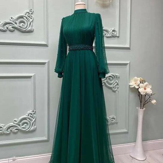 A-line Square Floor length Tulle Prom Dresses Dark Green