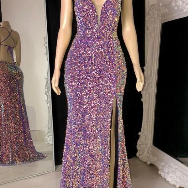 Yellow Spaghetti Straps Sequins Appliques Long Prom Dress with Slit,DP1615