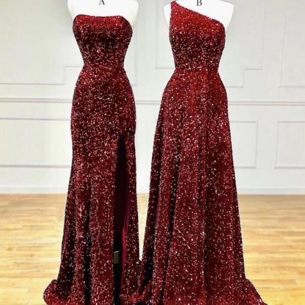 Sexy Mermaid Sequins Burgundy Long Prom Dresses Fashion Evening Dresses Y6844 main image 1